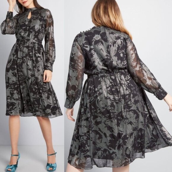 ModCloth More to‎ Adore Long Sleeve Midi Dress Black & Silver NEW Size XL RT$175 - Picture 1 of 14